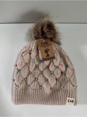 C&K Beige Knit Beanie with Faux Fur Pom & Multicolor Pearls